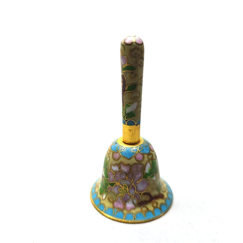 Vintage Cloisonné Floral Bell Light Blue Enamel Brass Trim Mini 2.5" Cottagecore